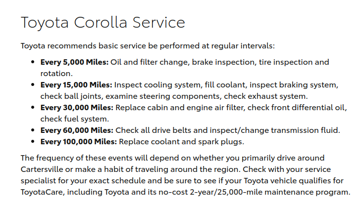 Toyota Corolla Service recommendations
