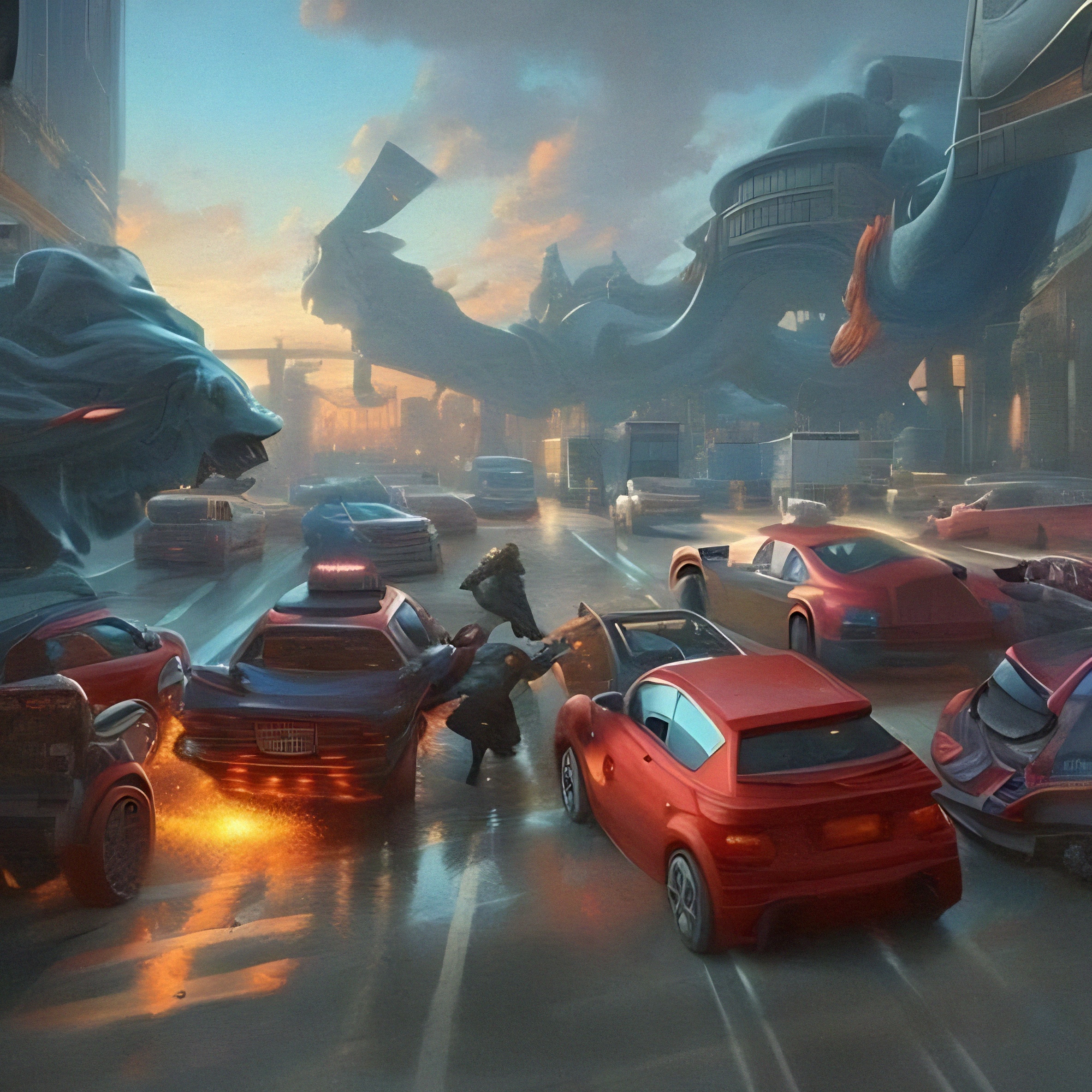 Original AI artwork of people fighting each other on a highway