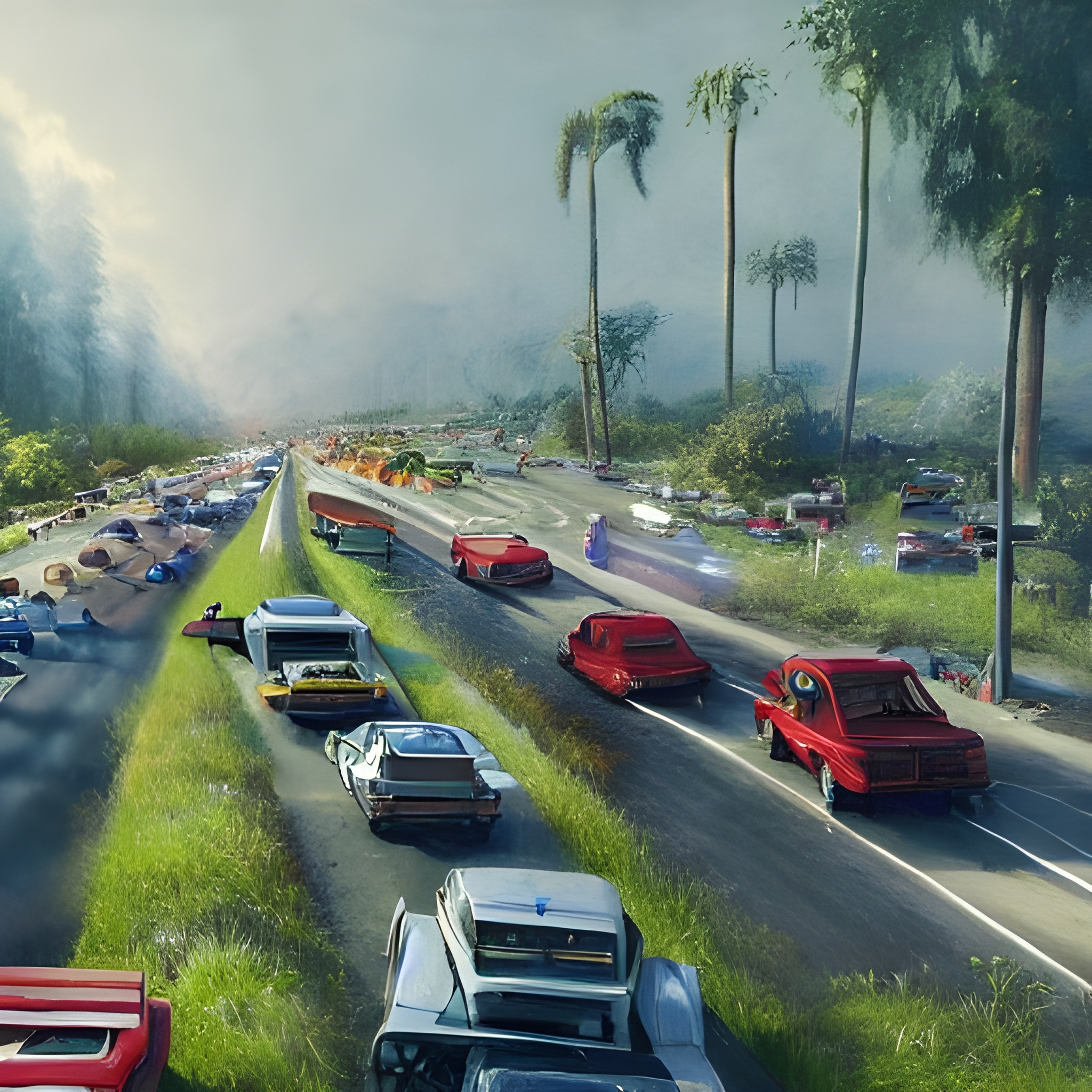 Original AI artwork of a highway littered with cars