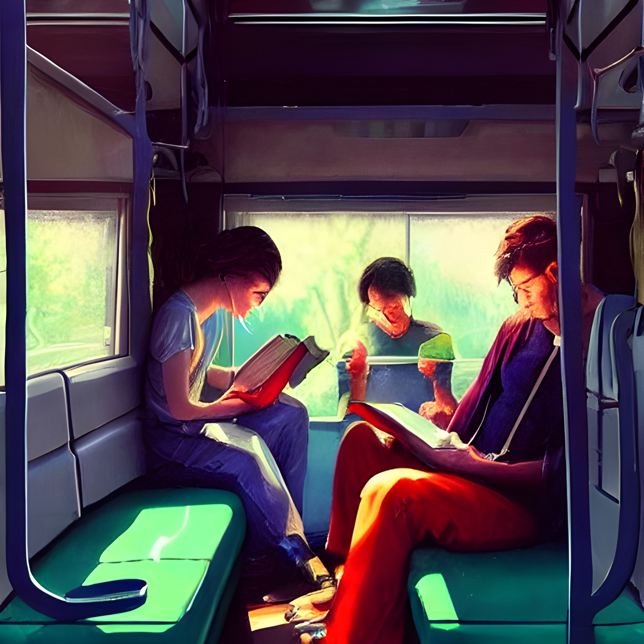 Original AI artwork of people reading on the bus