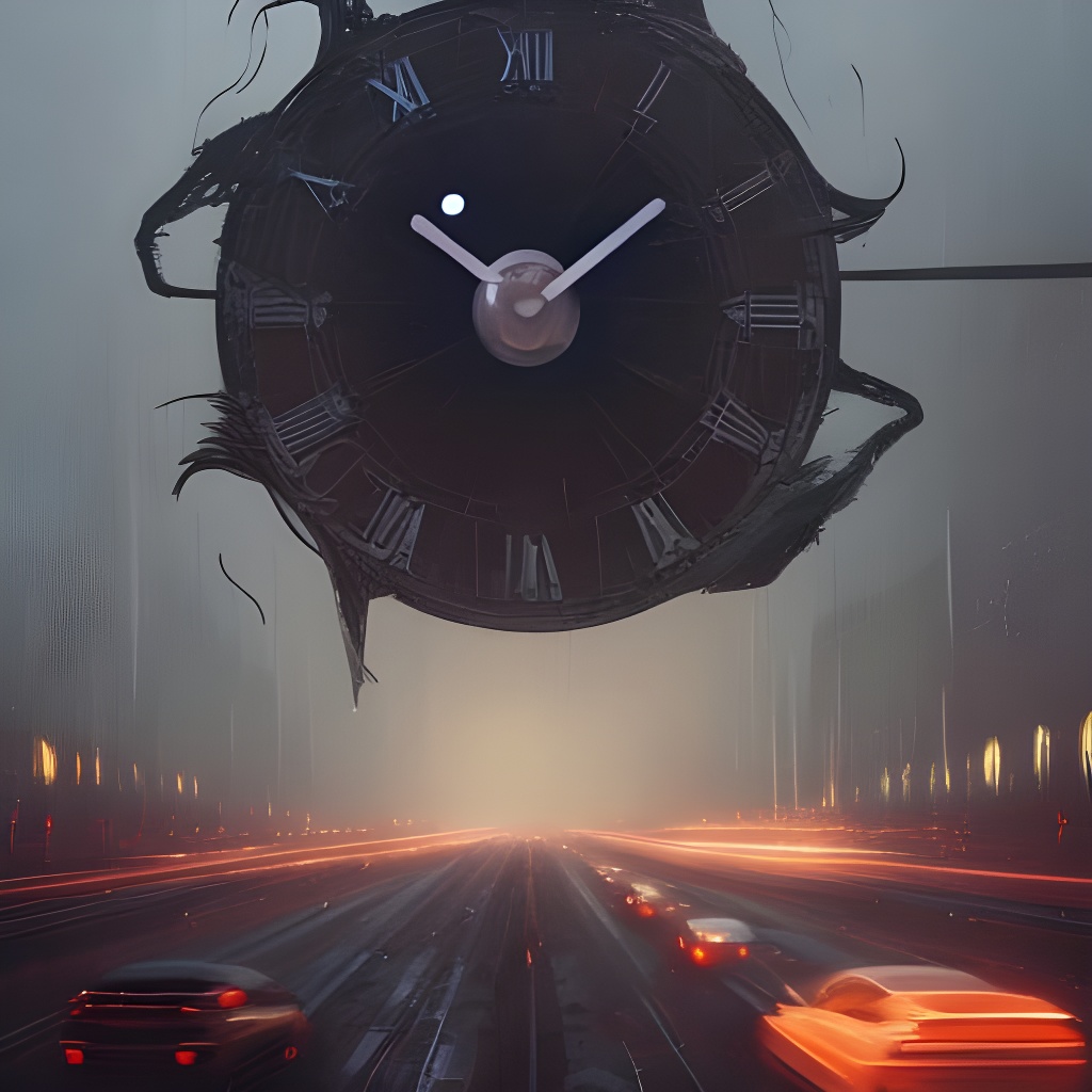 Original AI artwork of a giant clock hovering over a highway