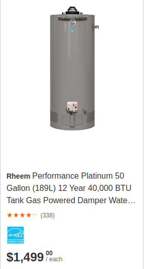 screenshot of new hot water tank from my local Home Depot