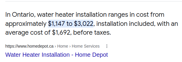 screenshot of average installation costs estimated by Home Depot Canada