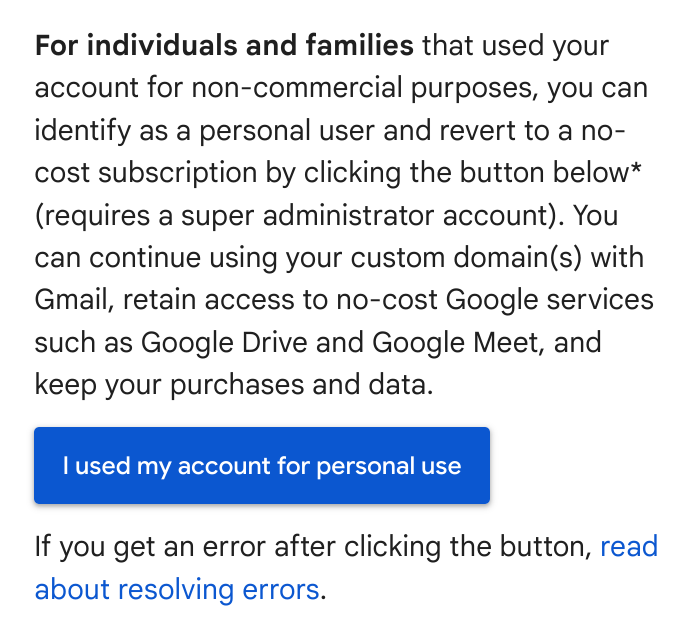 Screen grab of Google Workspace personal use button