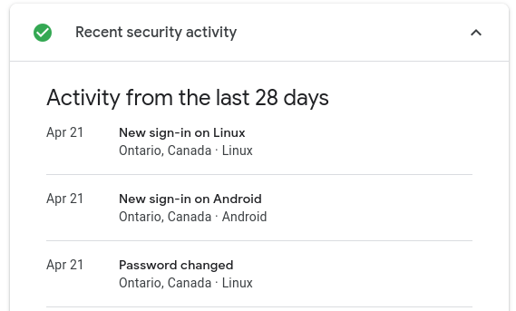 A screenshot of my security activity.