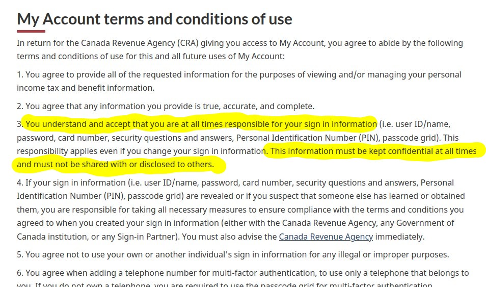 A screenshot of the CRA’s terms of service