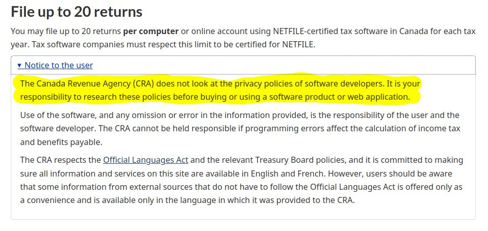 A screenshot of the CRA’s terms of service